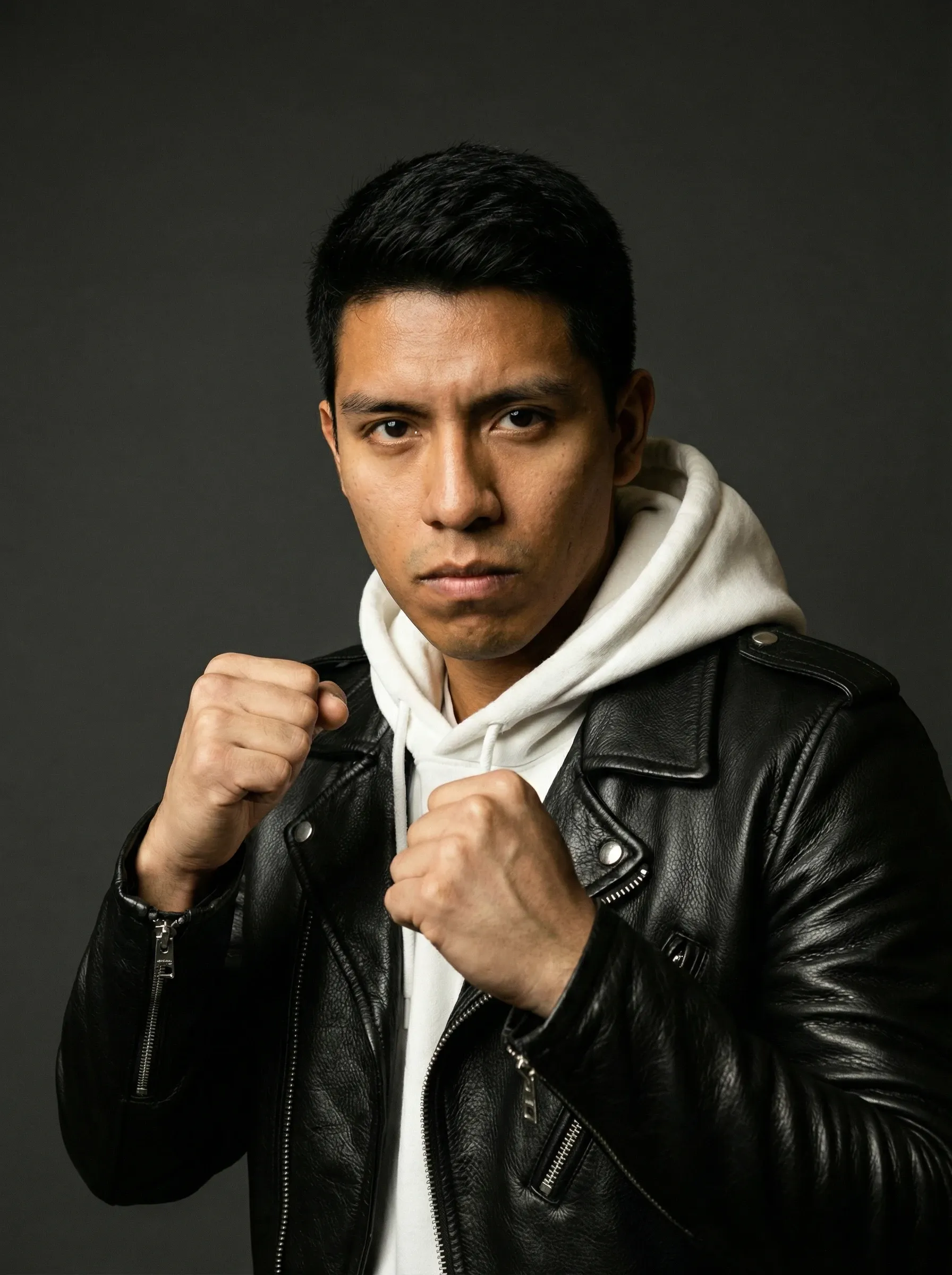 AI acting headshot — man in a black leather jacket and white hoodie in a fighting pose